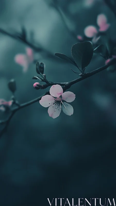 Pink blossoms blooming on dark branches with green tones