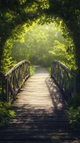 Wooden garden bridge under dense green foliage archway.