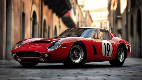 Classic red race car gleams on historic European street.