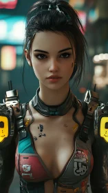 Cybernetic female character stands in detailed urban setting