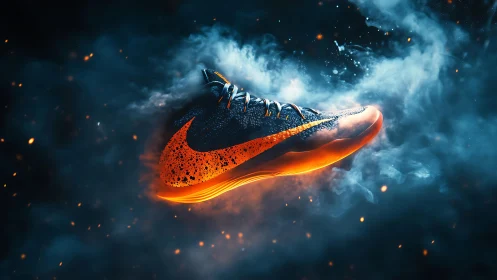 Ignited athletic shoe glows through swirling ember smoke.