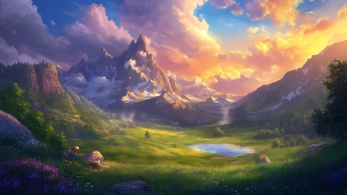 Radiant alpine basin under volumetric sunset illumination.