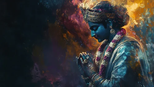 Midnight blue deity in luminous garlands of silent devotion.
