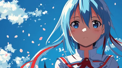 Blue haired anime girl under clear sky with petals.