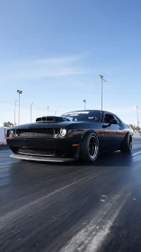 Black drag-strip muscle car under clear blue sky in motion.