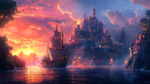 Sailing ship near illuminated cliffside castle at sunset.