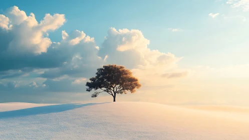 Lone tree on snowy hill under dramatic sky, serene landscape.