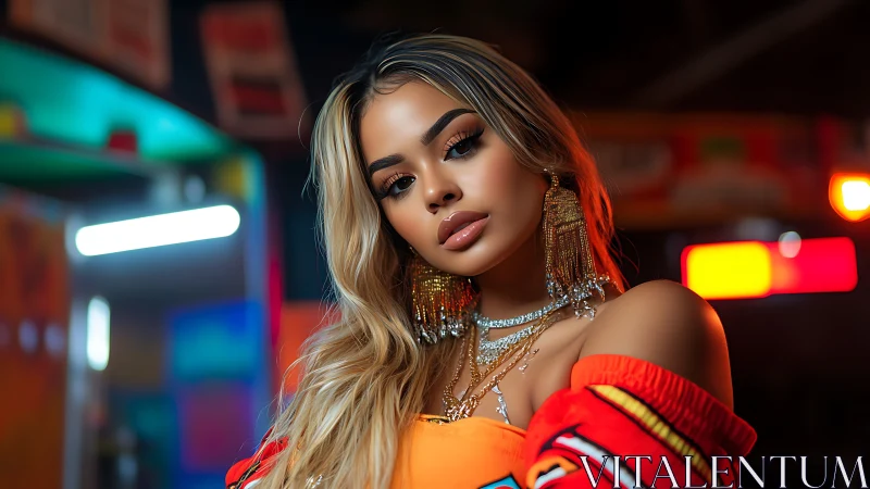 Glamorous woman poses under neon city lights at night