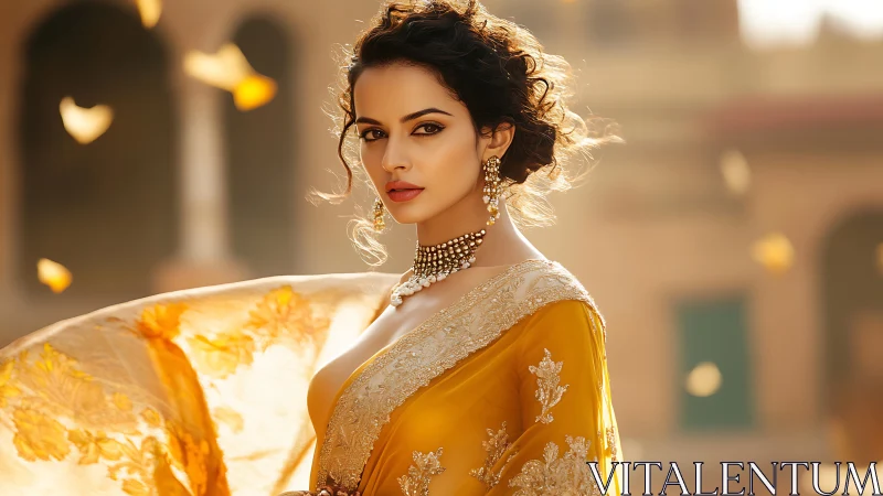 Woman in ornate yellow sari with jewelry in soft sunlight.