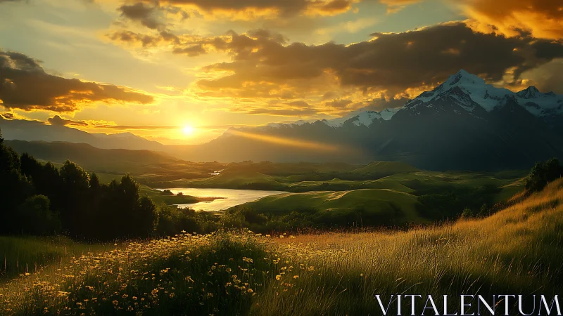 Sunlit alpine valley with luminous wildflower meadow at dusk.
