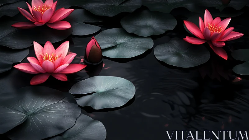 Pink lotus blossoms float amid shadowed lily pads in luminous waters.