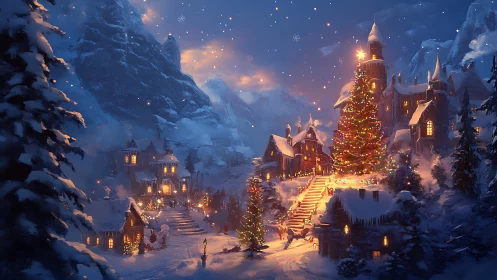 Snow-covered mountain village with illuminated Christmas tree.