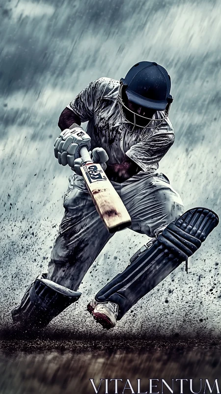 Cricket batsman sliding through wet pitch under intense rain