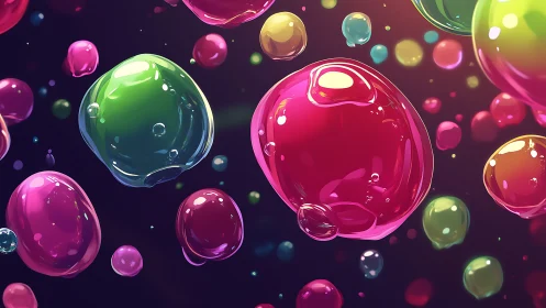Shimmering rainbow bubbles drift in a playful cosmic dance