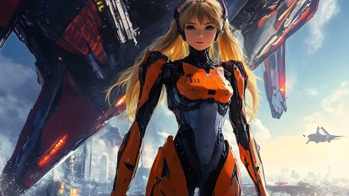 Female mecha pilot in orange exosuit before carrier craft