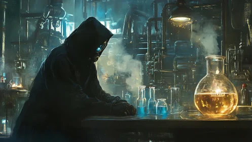 Hooded chemist studies glowing serum in neon lab.