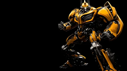 Chrome-clad yellow battle mech stalks the starless void.