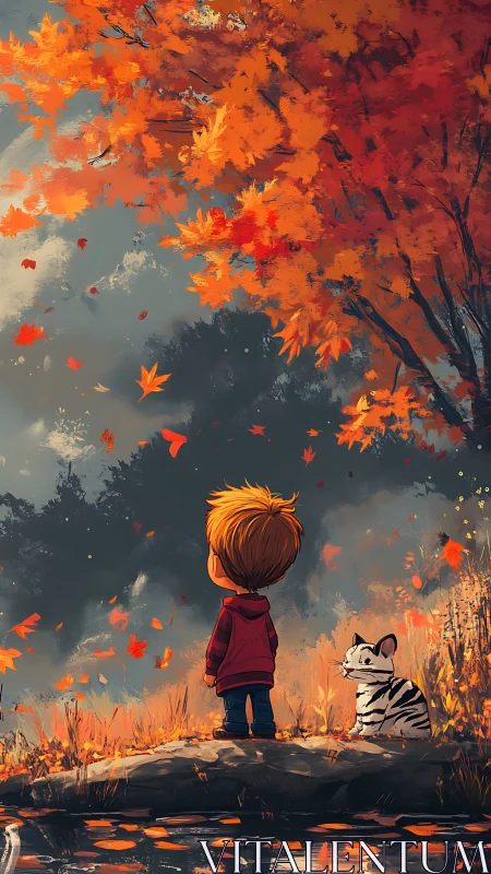 Child and cat watch vivid autumn leaves swirl in wind.