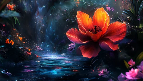 Luminescent crimson bloom over bioluminescent forest pool.
