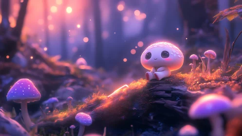Mushroom character on forest log in luminous fantasy setting.