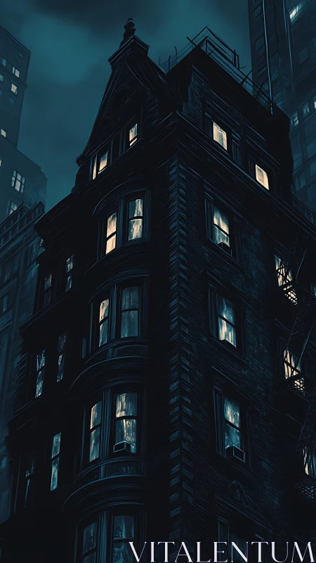 Noir city corner townhouse with moody cinematic lighting.