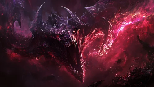 Cosmic void dragon erupts from swirling crimson nebulae