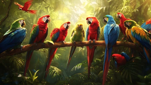 Vibrant tropical parrots on jungle branch, digital art scene.