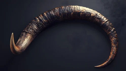 Curved animal horn against dark background, realistic detailed style.