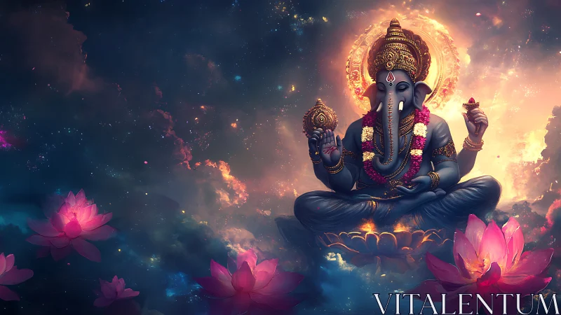 Divine Ganesh figure seated on lotus amid glowing cosmic sky