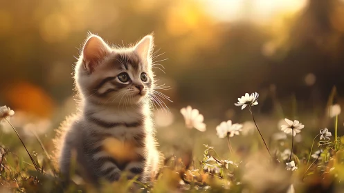 Tabby Kitten in Sunlit Meadow with Wildflowers.
