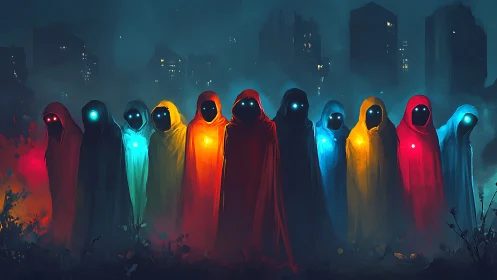 Chromatic phantoms gather beneath a haunted neon skyline.