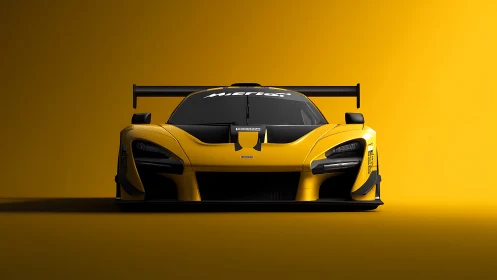 Yellow apex predator race car poised in spotlighted silence.