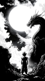 Moonlit warrior confronting celestial dragon in stark ink night.
