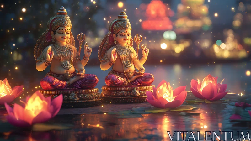 Twin ornate deity idols illuminated by lotus-flame bokeh lighting