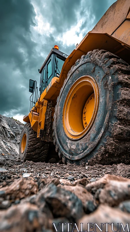 Low-angle study of heavy-duty earthmover under storm sky