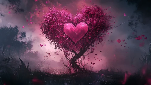Heart-Shaped Tree with Glowing Pink Foliage.