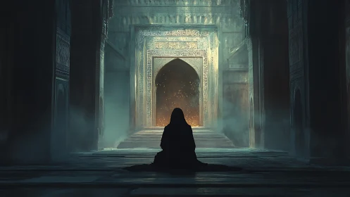 Silent seeker before a luminous ancient doorway of wonder.