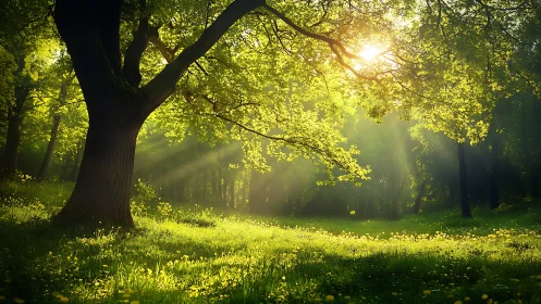 Sunlit Forest Meadow with Green Trees and Morning Light, Nature Scene.