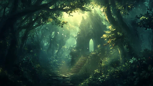 Luminescent Forest Portal with Architectural Convergence.