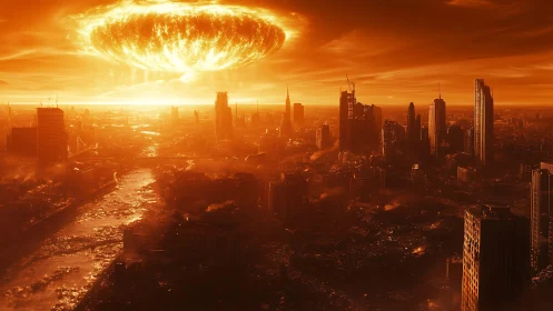 Apocalyptic orange skyline under colossal solar blast.