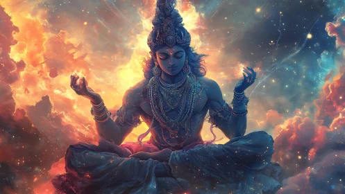Celestial deity in radiant cosmic meditation tableau.