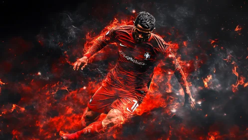 Blazing soccer player surges through swirling fire and smoke