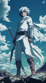 Wind-swept anime swordsman on rocky ridge under stratocumulus sky.