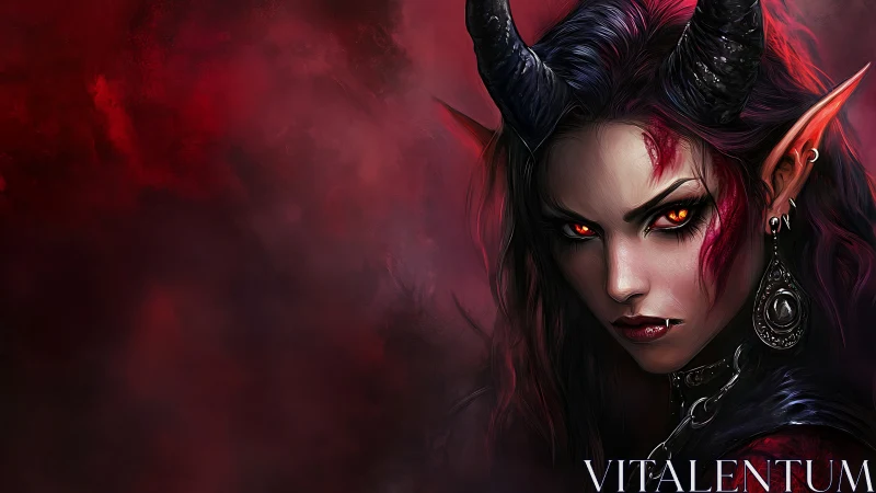 Horned female demon portrait with red mist background.