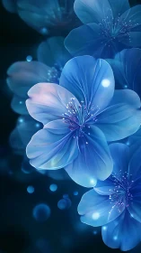 Ethereal Blue Flowers with Luminescent Petals and Bokeh Background.