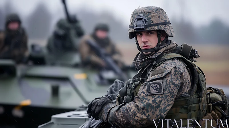 Calm soldier in rain-soaked gear ready beside armored vehicle.