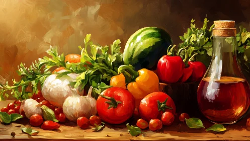 Oil still life renders fresh vegetables and glass carafe