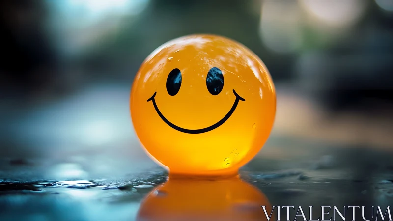 Bright smiley sphere glows softly on a calm reflective surface