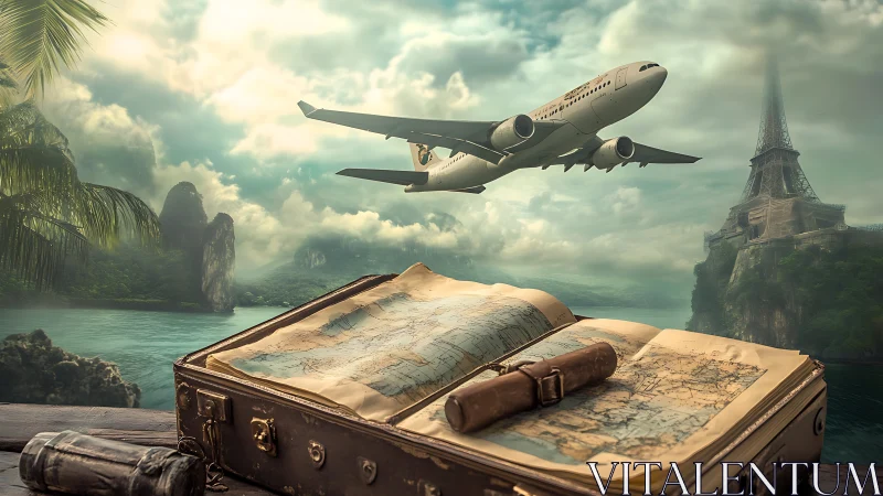 Cinematic travel fantasy with open vintage maps and jet airliner
