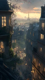 Sunlit Parisian rooftops frame glowing street below.